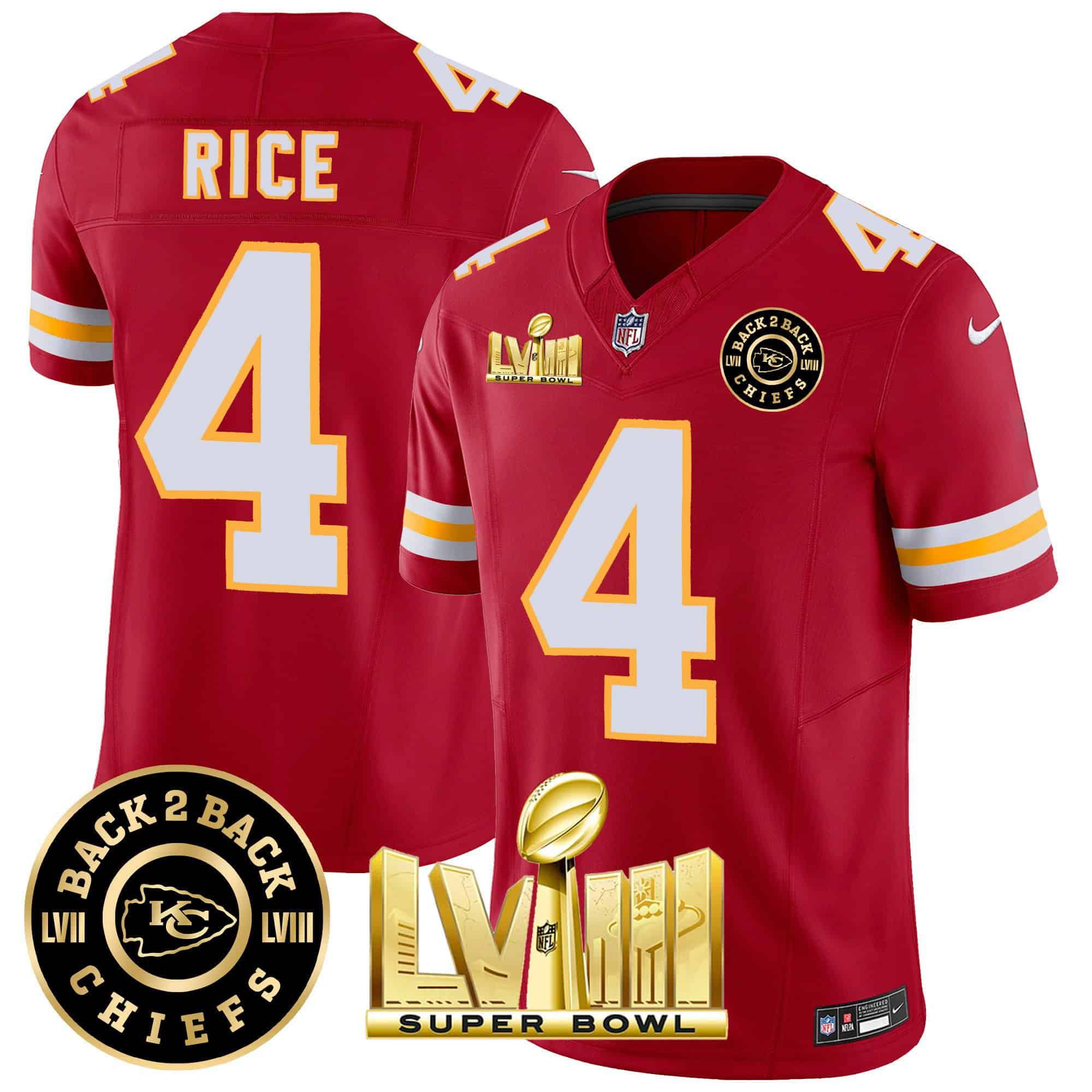 Men Kansas City Chiefs #4 Rice Red 2024 Nike Super Bowl LVIII & Back-2-Back Patch Vapor NFL Jersey style 3